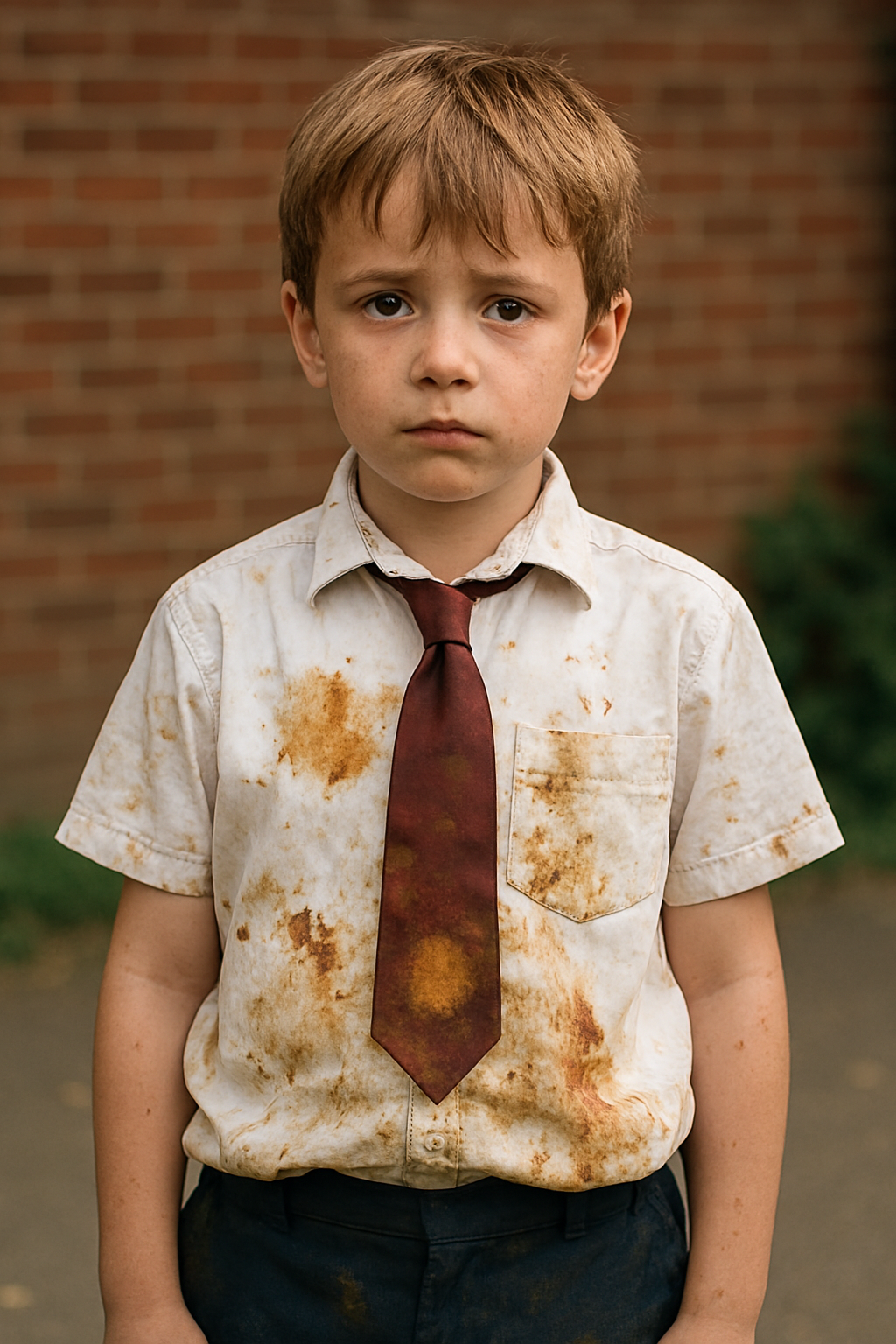 A child looking down at a stained school uniform, with a worried expression.