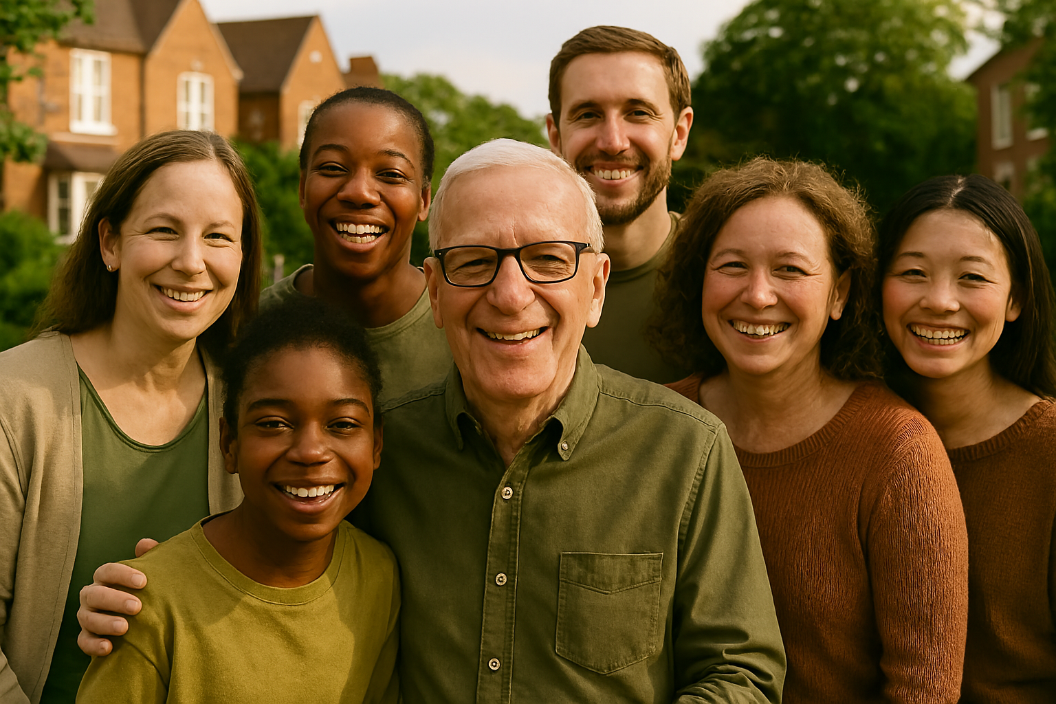 A final, powerful shot of a vibrant, diverse community, with people of all ages and backgrounds smiling and interacting.