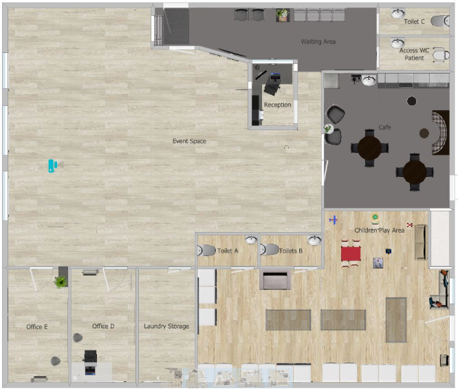 Detailed 2D floor plan of the laundry hub layout.