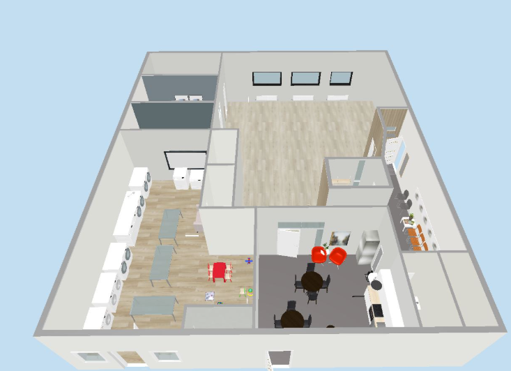 3D visualization of the laundry hub floor plan.