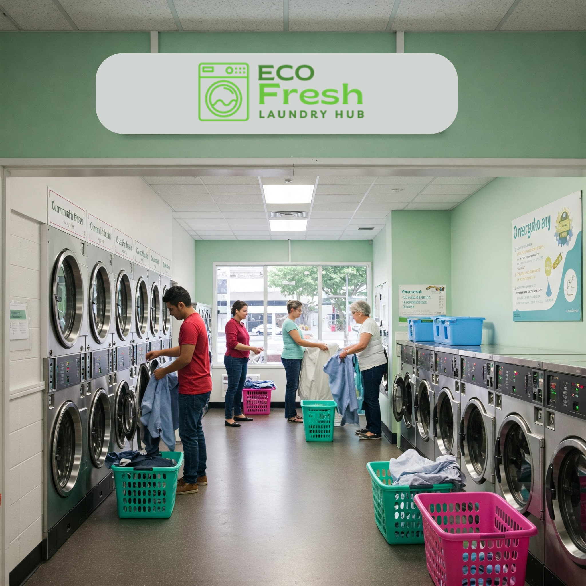 A welcoming, modern laundry hub with residents chatting and smiling.